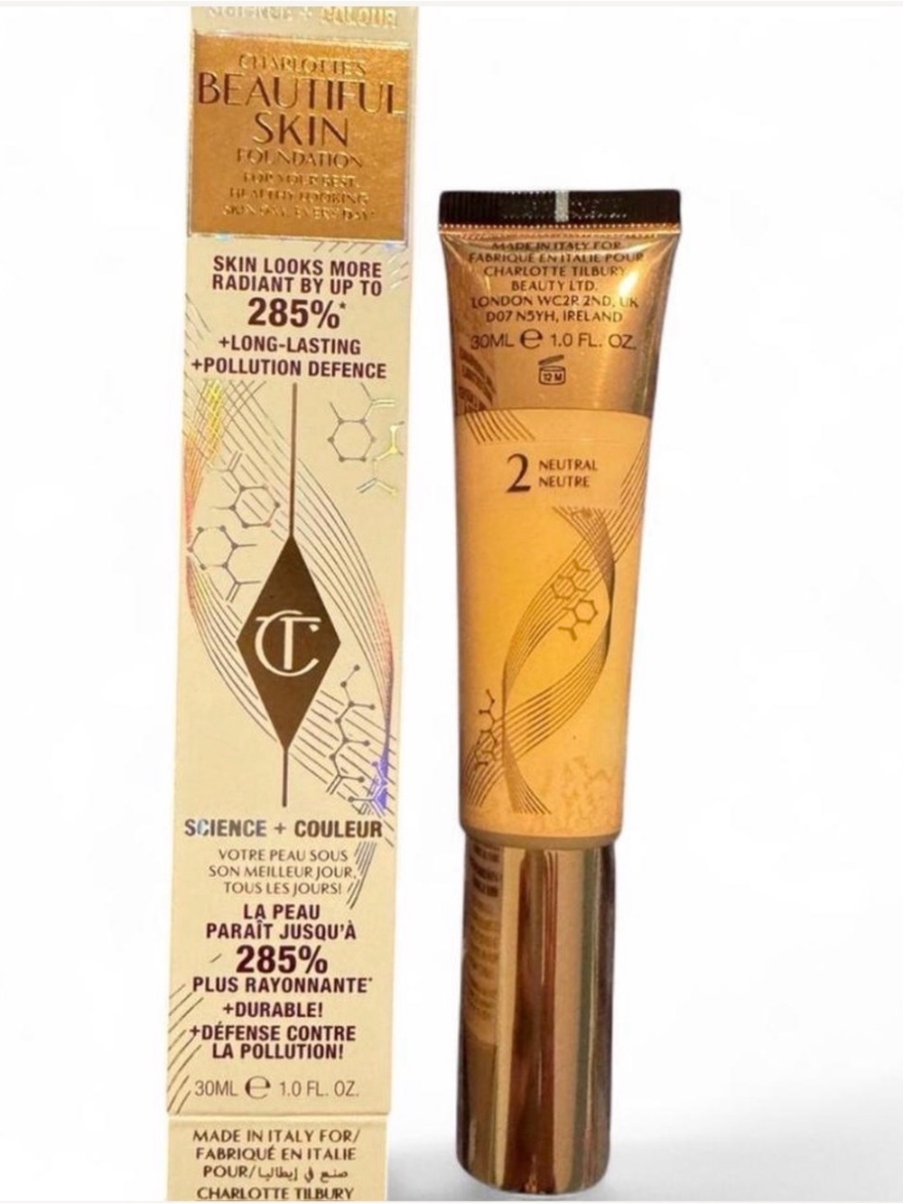Charlotte Tilbury Beautiful Skin Foundation Shade 2 Neutral - Gold Packaging